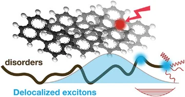 Publisher graphical abstract showing delocalized excitons in a disordered molecular aggregate.