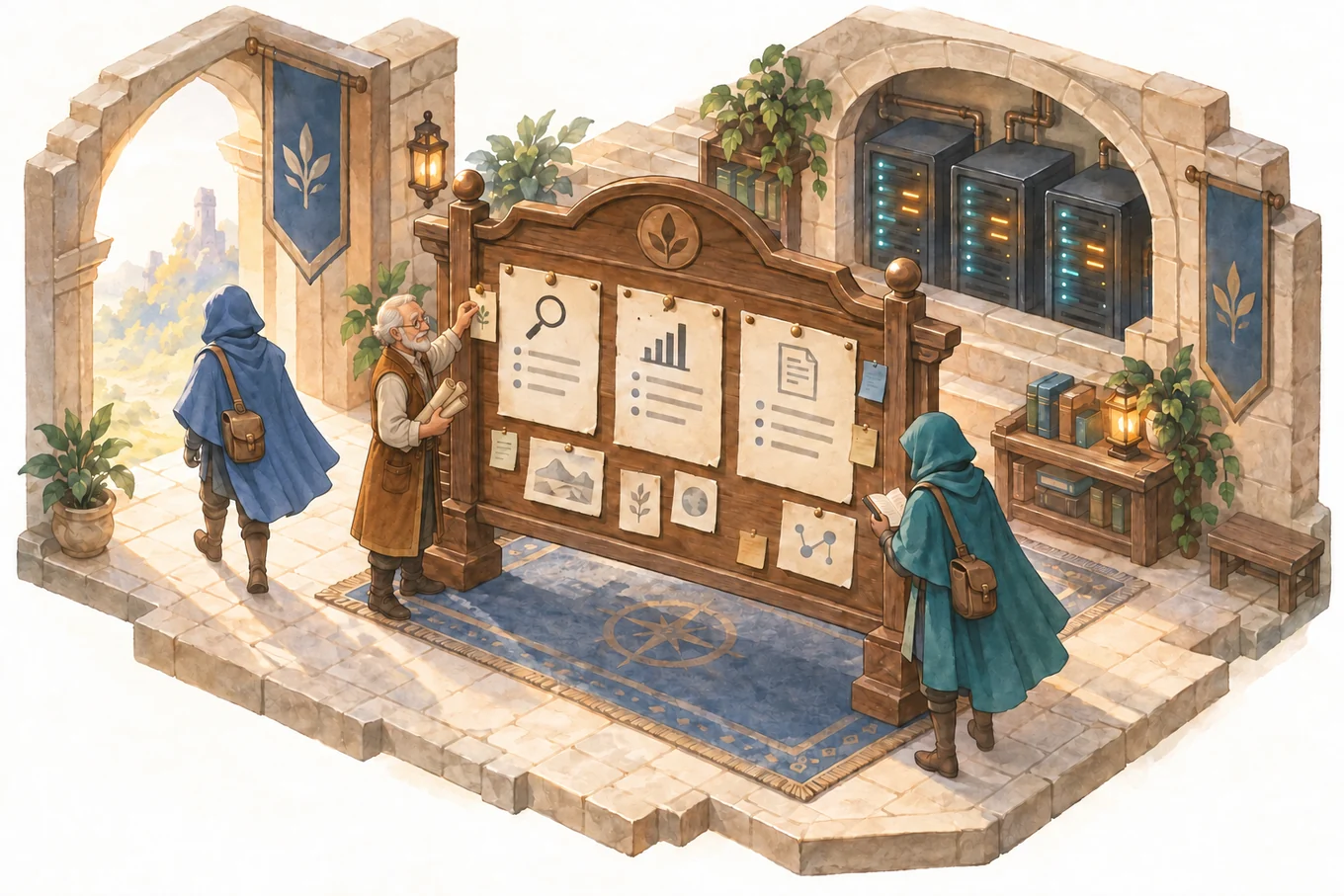 An elderly quest-giver pins a task to the lobby board while one player walks out and another reads the records; computers keep running behind them.